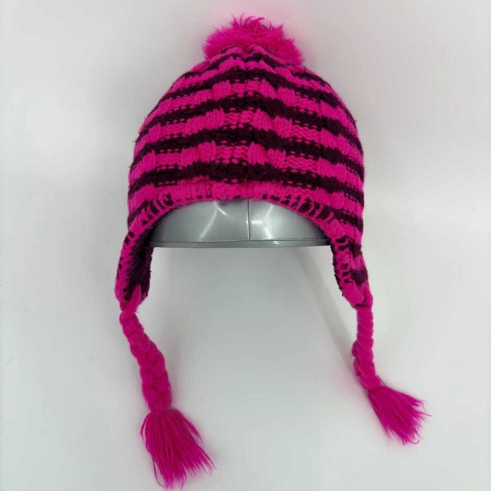 The North Face‎ Girls Knit Earflap Beanie Hat Pink/Burgundy Fleece Lined Pom S/M
